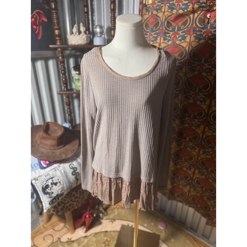 Kori size S Waffle‎ Knit Long Sleeve Top with Ruffle Hem, Casual Layering